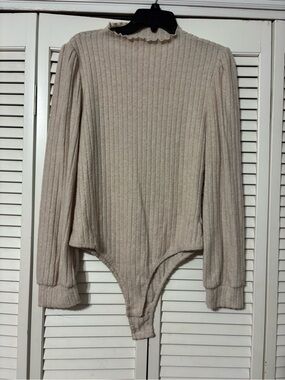 SHEIN Cream Ribbed Mock Neck Long Sleeve Bodysuit